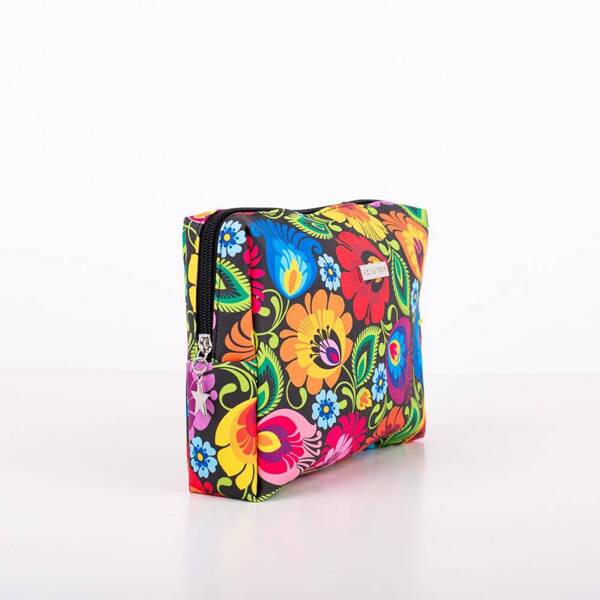 FOLKSTAR - 'CELINA' MEDIUM COSMETIC BAG - BLACK LOWICZ PATTERN /24675/ 5901845134477